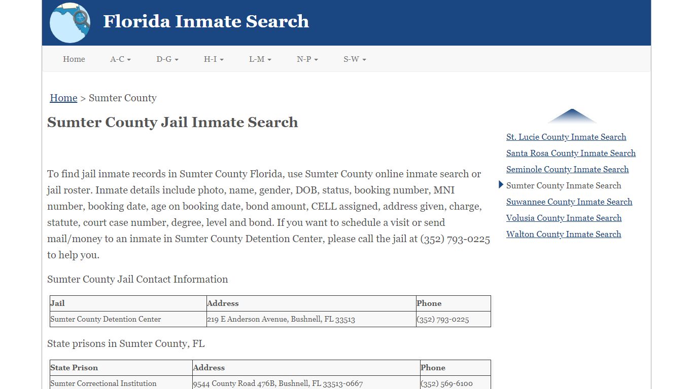 Sumter County FL Jail Inmate Search
